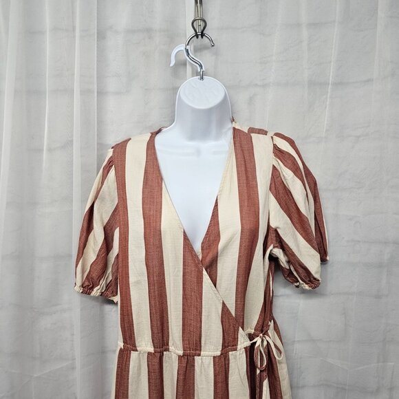 Knox Rose Red Cream Striped Wrap Midi Dress Cottagecore Boho Peasant M - Picture 2 of 11